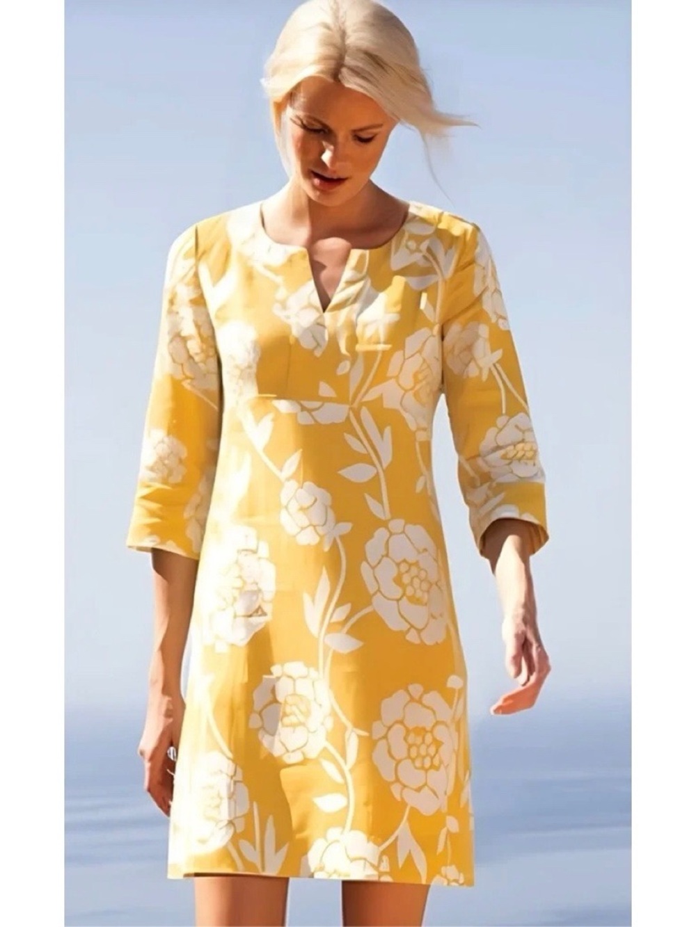 Boden • Notch Neck Tunic Dress linen shift Super Sunflower yellow floral - Picture 3 of 10